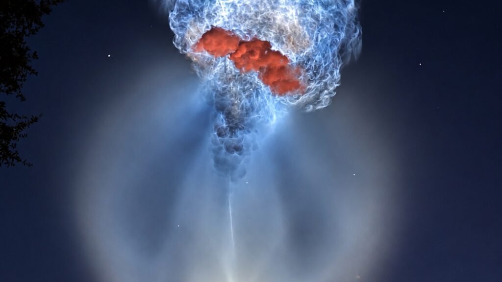 Falcon 9 exhaust plume glowing like a jellyfish in the predawn sky over Cape Canaveral after liftoff