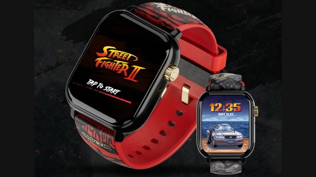 Street Fighter II: My Play Watch with red strap showing the game logo and a Guile bonus-stage clock face