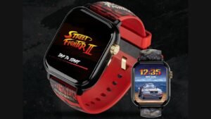 Street Fighter II: My Play Watch with red strap showing the game logo and a Guile bonus-stage clock face