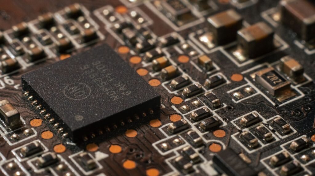 Close-up macro photograph of a microchip mounted on a circuit board