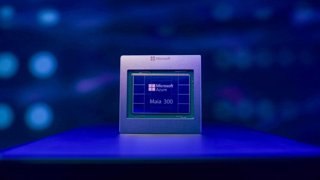 Microsoft Azure Maia 300 AI accelerator chip against a dark blue backdrop