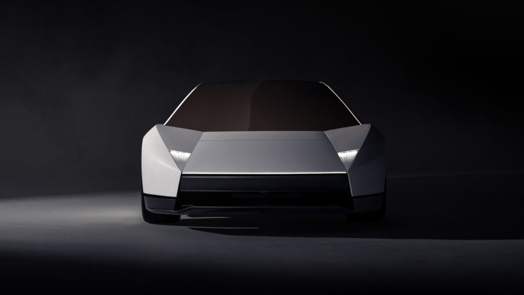 White angular 2026 Tesla Roadster sports car in a dark studio, front three-quarter view