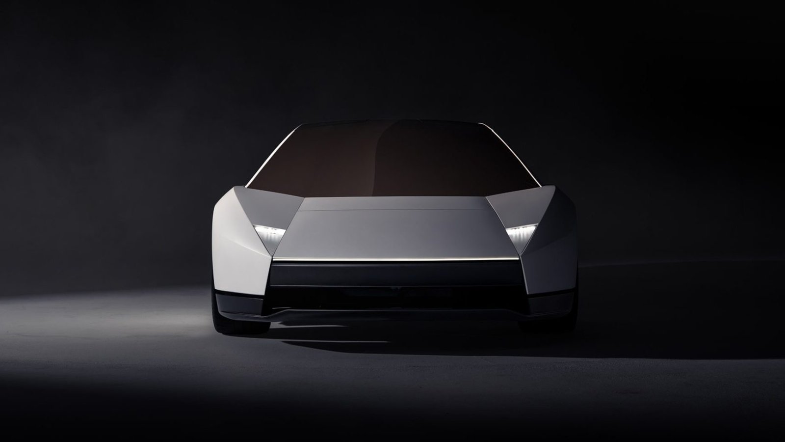 White angular 2026 Tesla Roadster sports car in a dark studio, front three-quarter view