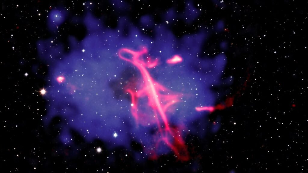 Composite image of the Treble Clef radio structure in a galaxy cluster
